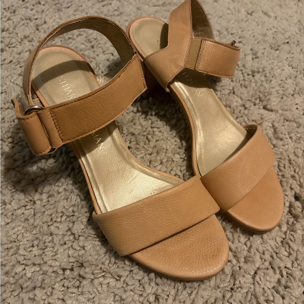 Stuart Weitzman Tan Leather Sandals with Block Heel